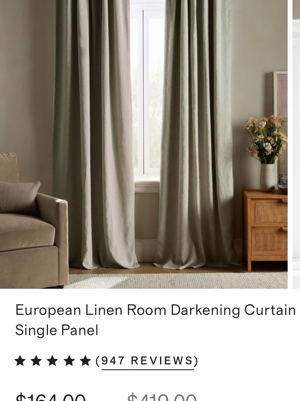 Quince European Linen Room Darkening Curtain Panel - Sage 48 x 84